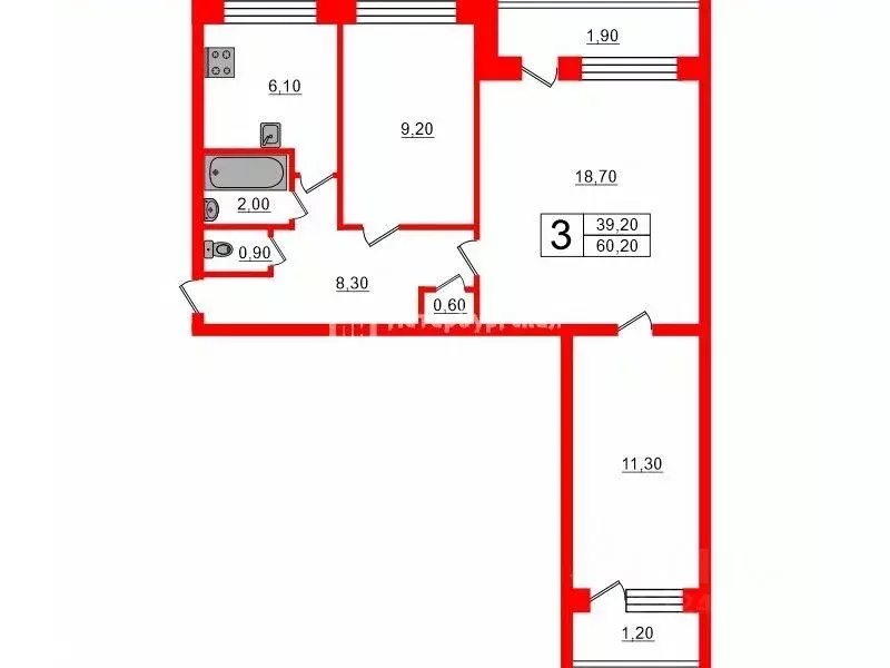 3-к кв. Санкт-Петербург Светлановский просп., 34К1 (60.2 м) - Фото 1