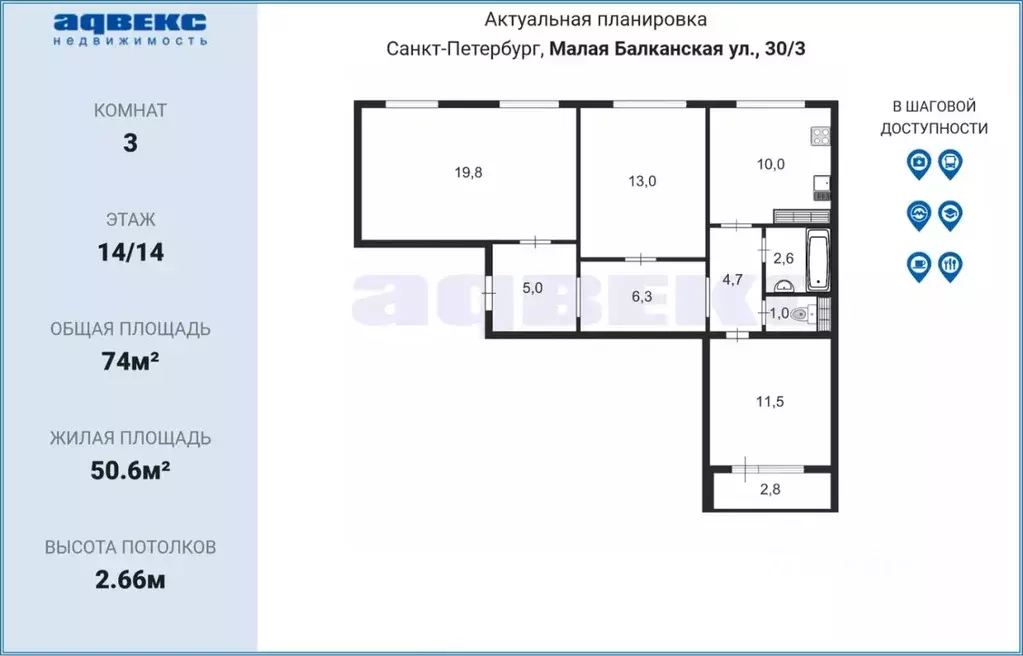 3-к кв. Санкт-Петербург Малая Балканская ул., 30/3 (74.0 м) - Фото 1