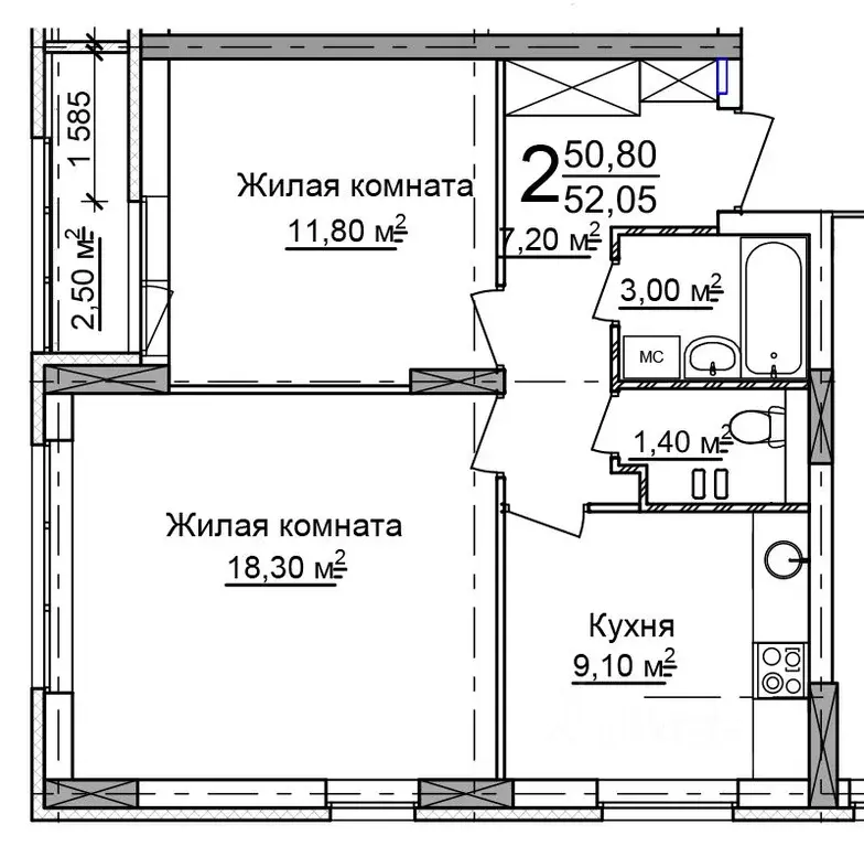 2-к кв. Нижегородская область, Нижний Новгород 52-й кв-л,  (52.05 м) - Фото 0