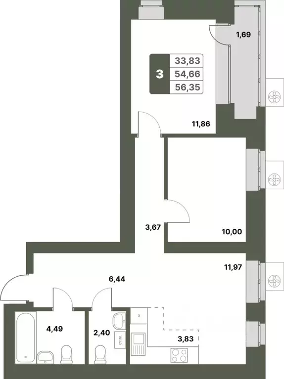 3-к кв. Башкортостан, Уфимский район, с. Миловка  (56.35 м) - Фото 1
