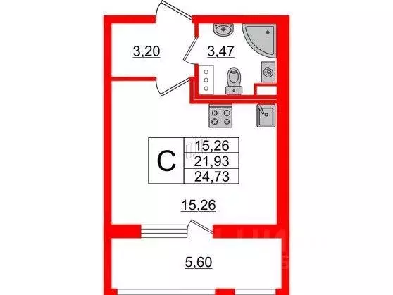 Квартира, студия, 24.73 м - Фото 1