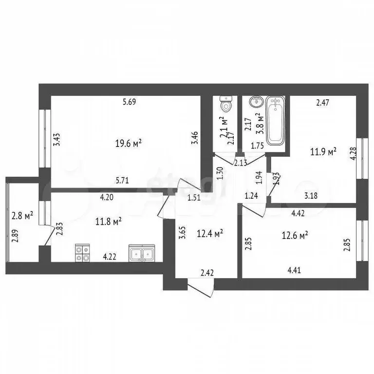 3-к. квартира, 74,2 м, 2/9 эт. - Фото 0