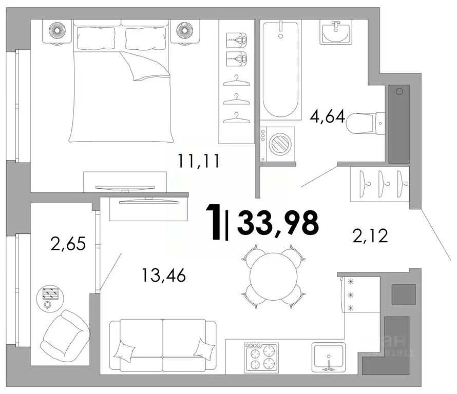 1-к кв. Владимирская область, Владимир Уно жилой комплекс (33.98 м) - Фото 1