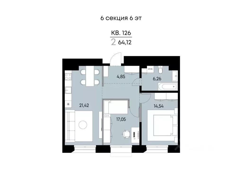 2-к кв. Иркутская область, Иркутск ул. Лебедева-Кумача, 19 (64.12 м) - Фото 1