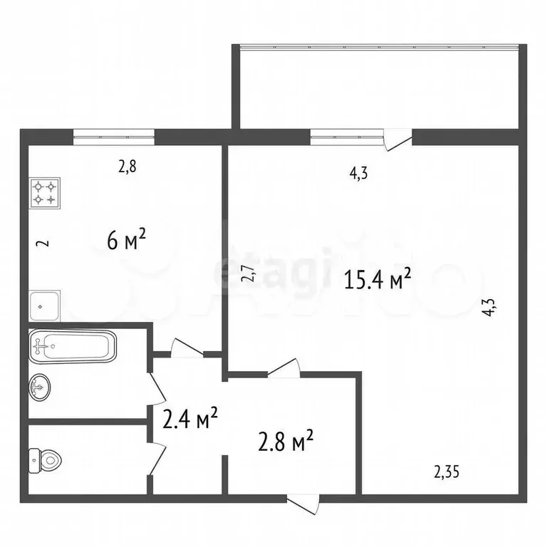 1-к. квартира, 29,6 м, 7/9 эт. - Фото 0