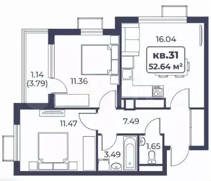 2-к. квартира, 52,6 м, 5/8 эт. - Фото 1