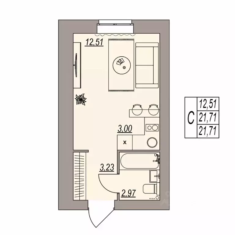 Студия Волгоградская область, Волгоград ул. Расула Гамзатова (21.71 м) - Фото 0