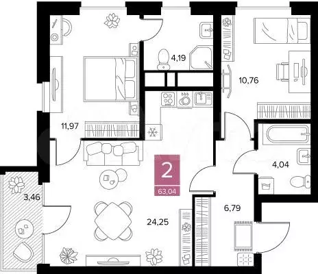 2-к. квартира, 63 м, 6/9 эт. - Фото 0