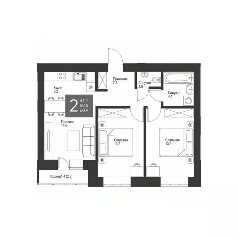 2-к кв. Татарстан, Альметьевск ул. Гафиатуллина, 60 (60.9 м) - Фото 0