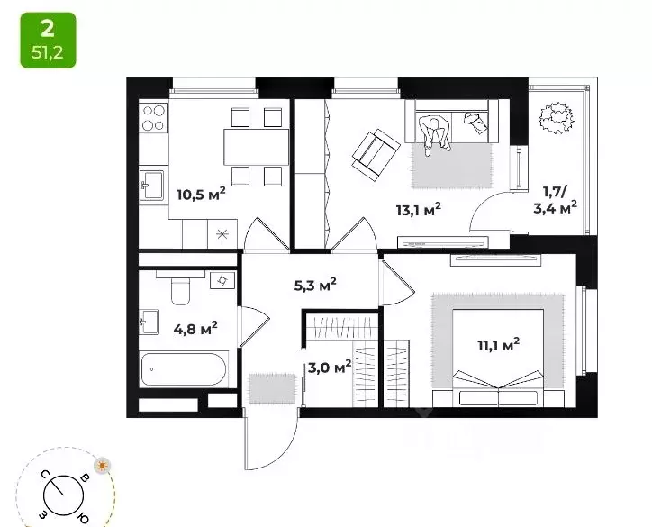 2-к кв. Тверская область, Тверь ул. 2-я Красина, 64 (51.2 м) - Фото 2