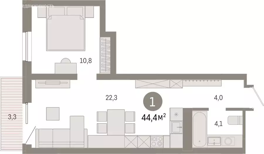 1-комнатная квартира: Екатеринбург, переулок Ритслянда, 15 (44.37 м) - Фото 1