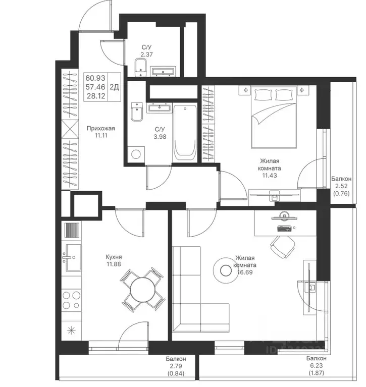 2-к кв. Татарстан, Казань Мой Ритм жилой комплекс (60.93 м) - Фото 1