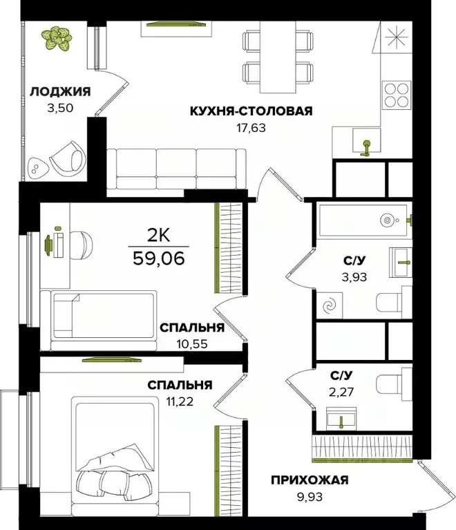 2-к кв. Тульская область, Тула  (59.06 м) - Фото 0
