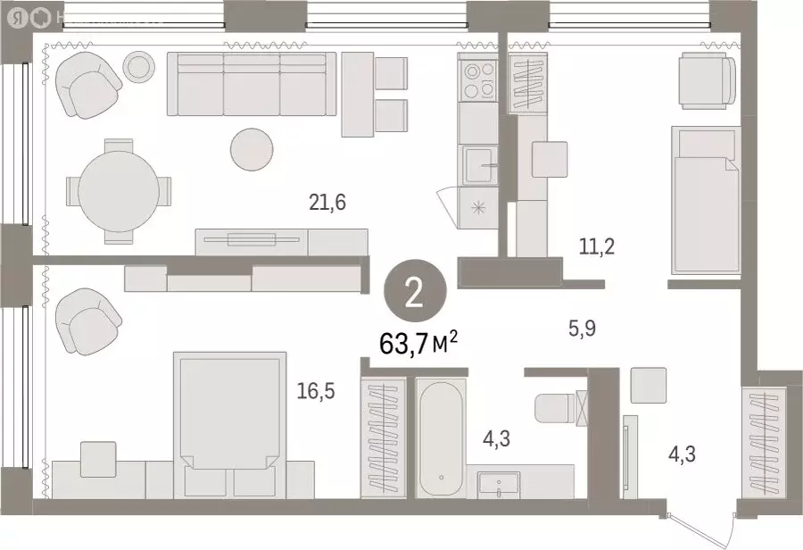 2-комнатная квартира: Тюмень, Краснооктябрьская улица, 4к3 (63.68 м) - Фото 1