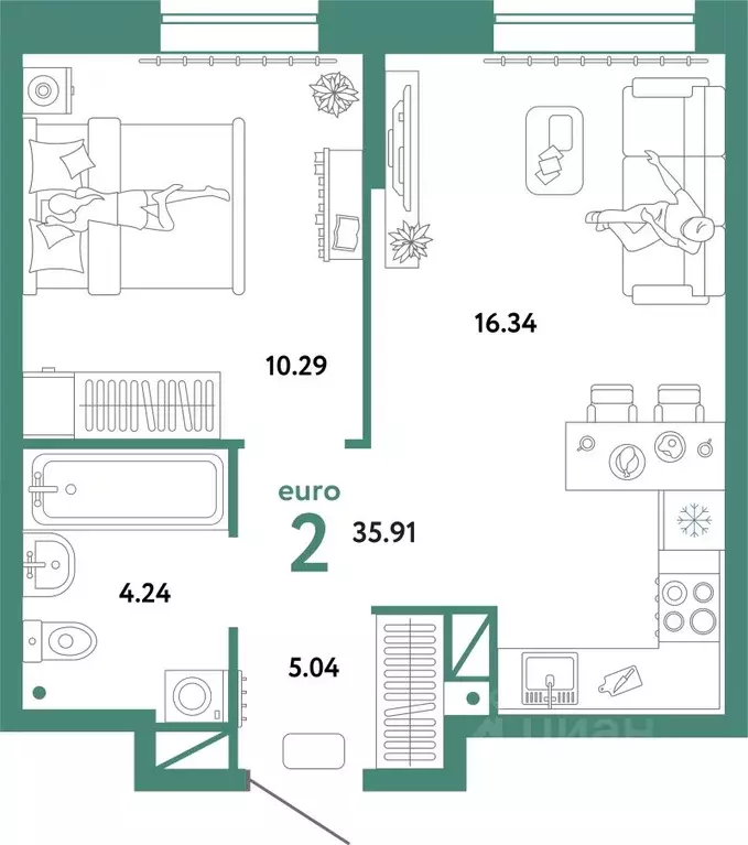 2-к кв. Тюменская область, Тюмень Интернациональная ул., 199к10 (35.75 ... - Фото 1