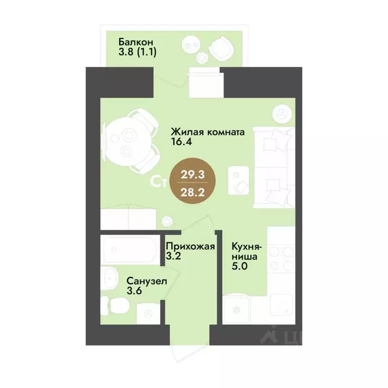 Студия Вологодская область, Вологда ул. Преображенского (29.3 м) - Фото 0