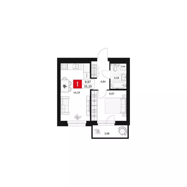 1-комнатная квартира: Уфа, Большая Московская улица, 11 (35.2 м) - Фото 1
