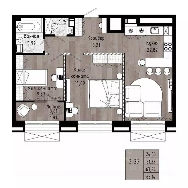 2-к кв. Хабаровский край, Хабаровск Волочаевская ул., 156 (63.24 м) - Фото 1