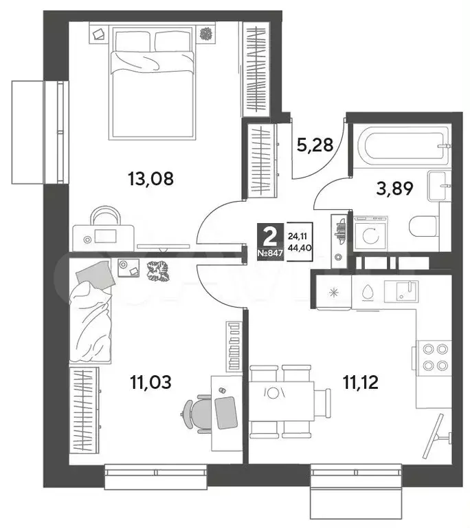 2-к. квартира, 44,4 м, 4/9 эт. - Фото 0