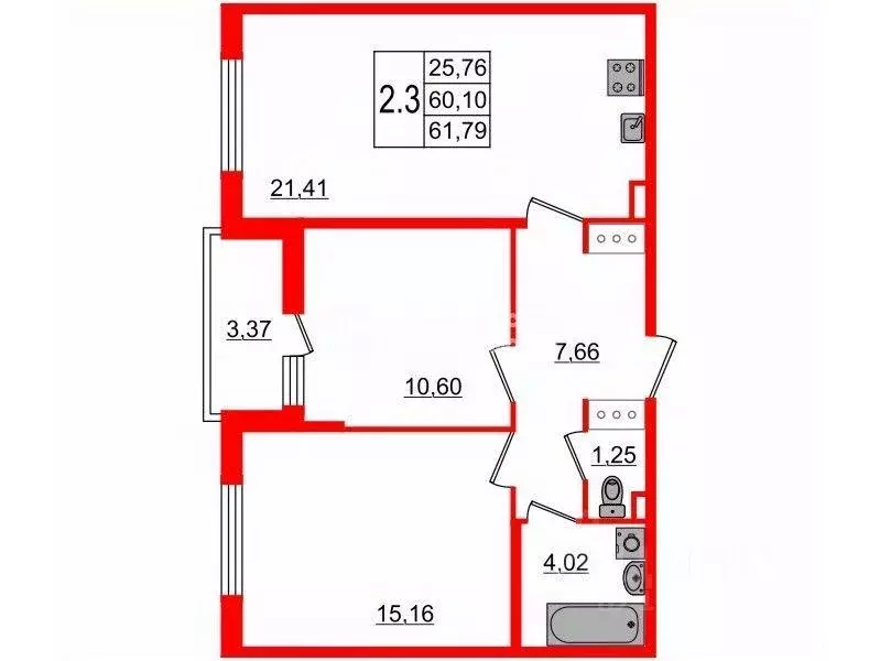 Квартира, 2 комнаты, 60.7 м - Фото 0