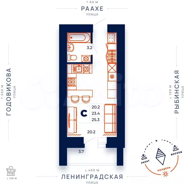 Квартира-студия, 25,3 м, 8/15 эт. - Фото 0