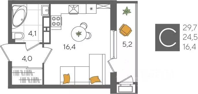 Студия Краснодарский край, Краснодар Новороссийская ул., 102И (29.7 м) - Фото 1