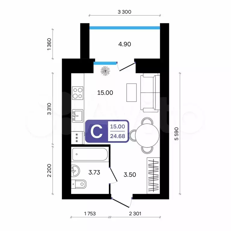 Квартира-студия, 24,7 м, 8/9 эт. - Фото 0