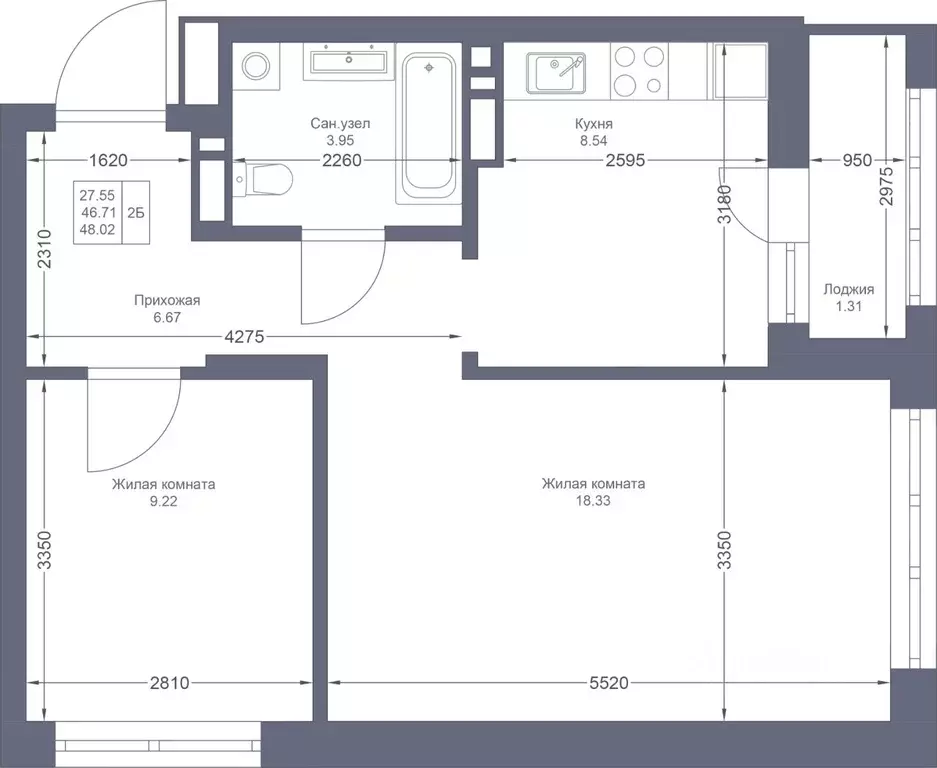 2-к кв. Татарстан, Казань Мой Ритм жилой комплекс (48.02 м) - Фото 2