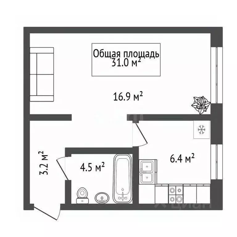 1-к кв. Новосибирская область, Новосибирск Новогодняя ул., 4/1 (31.0 ... - Фото 1