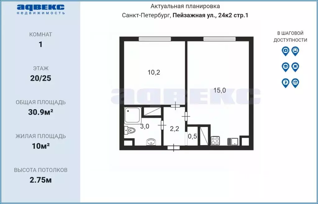 1-к кв. Санкт-Петербург ул. Пейзажная, 24к2 (30.9 м) - Фото 1