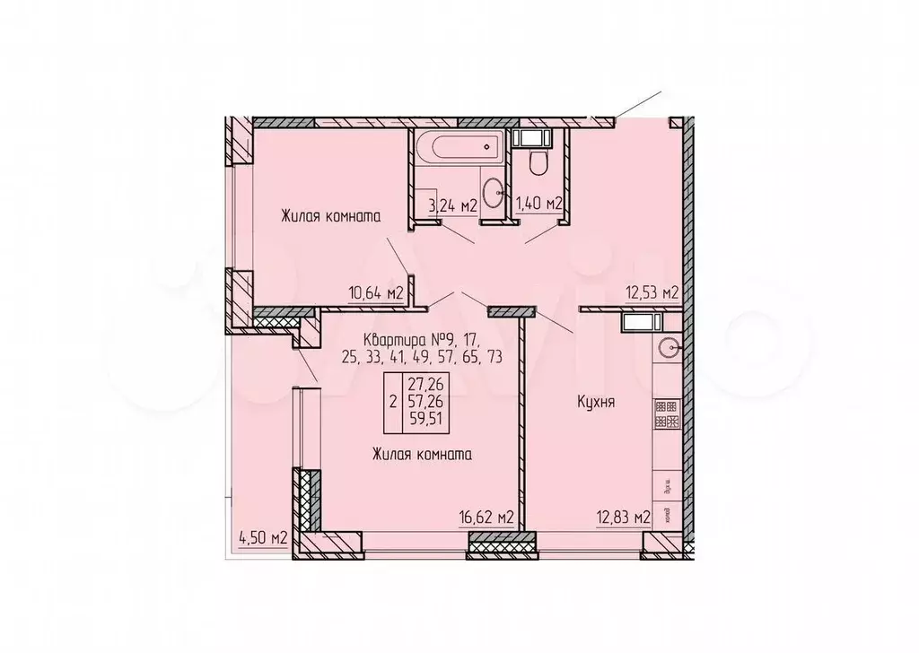 2-к. квартира, 59,5 м, 3/10 эт. - Фото 0