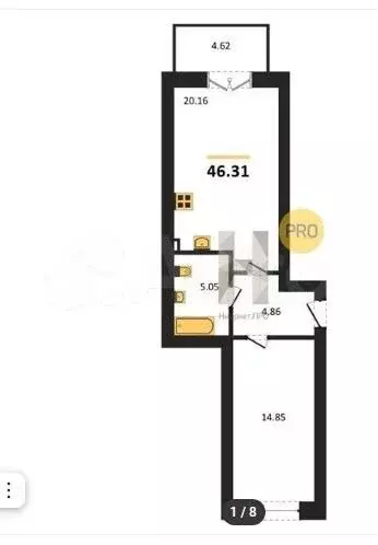 1-к. квартира, 46,3 м, 5/5 эт. - Фото 1