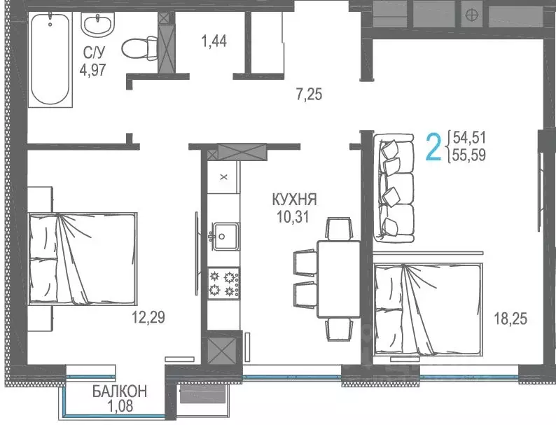 2-к кв. Крым, Симферопольский район, Гвардейское пгт, Республика жилой ... - Фото 1