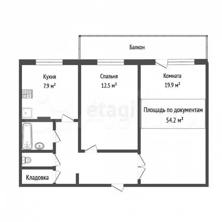 2-к. квартира, 54,2 м, 4/9 эт. - Фото 0
