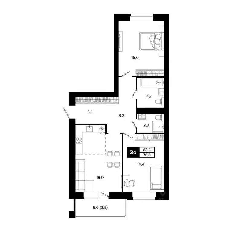 3-к кв. Новосибирская область, Кольцово рп ул. Благовещенская, 2 (70.8 ... - Фото 1