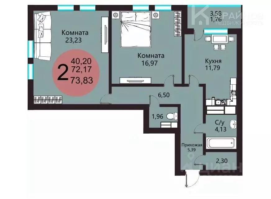 2-к кв. Воронежская область, Воронеж Подгорное мкр,  (73.83 м) - Фото 2