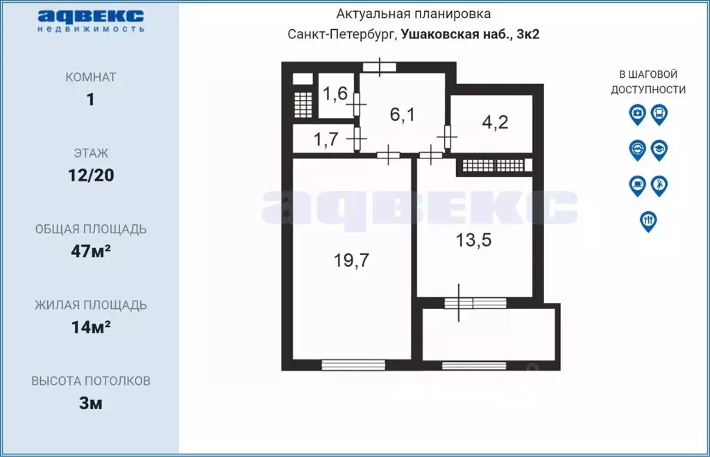 1-к кв. Санкт-Петербург Ушаковская наб., 3к2 (47.0 м) - Фото 2