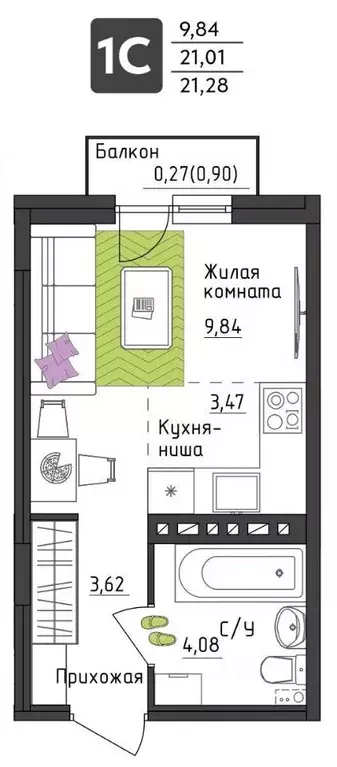 Студия Пермский край, Пермь Верхне-Вишерская ул., 40 (21.28 м) - Фото 0