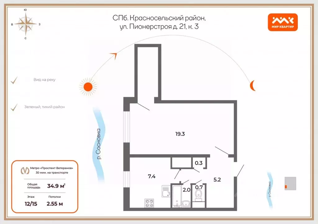 1-к кв. Санкт-Петербург ул. Пионерстроя, 21К3 (34.9 м) - Фото 1