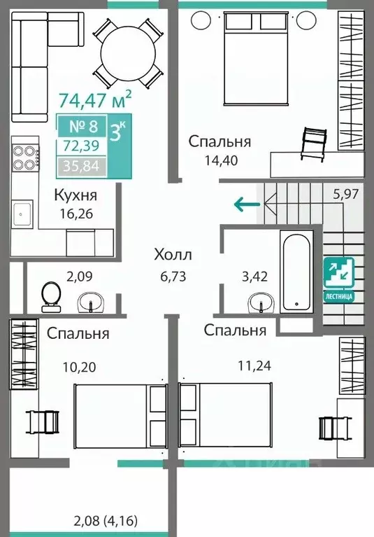 3-к кв. Крым, Симферополь Горизонты жилой комплекс (72.39 м) - Фото 0