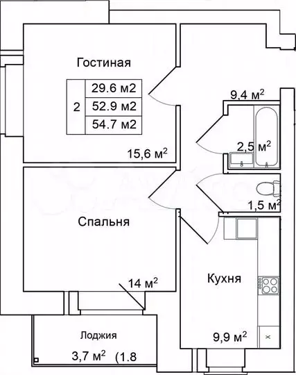 2-к. квартира, 54,6 м, 5/9 эт. - Фото 0