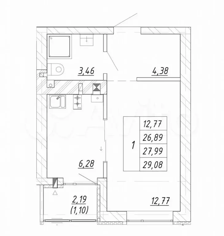 1-к. квартира, 28 м, 4/4 эт. - Фото 1