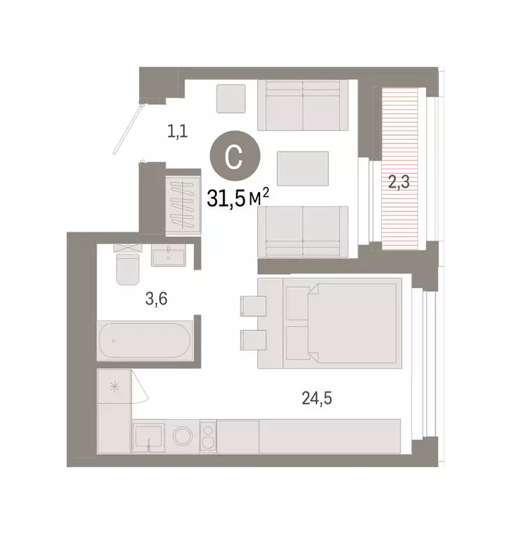 Квартира-студия: Тюмень, улица Павла Фитина, 7 (31.46 м) - Фото 2