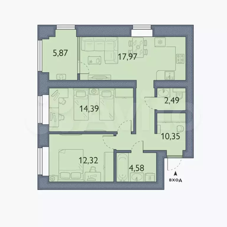 2-к. квартира, 68 м, 2/8 эт. - Фото 1