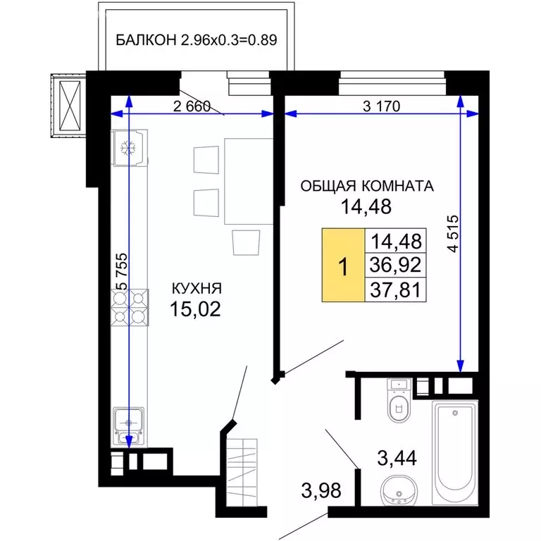 1-комнатная квартира: Республика Адыгея (Адыгея), Майкоп (37.81 м) - Фото 0