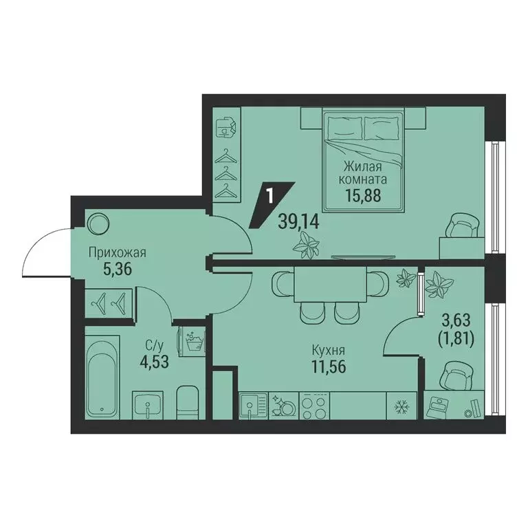 1-комнатная квартира: Екатеринбург, проспект Космонавтов, 100 (39.14 ... - Фото 1