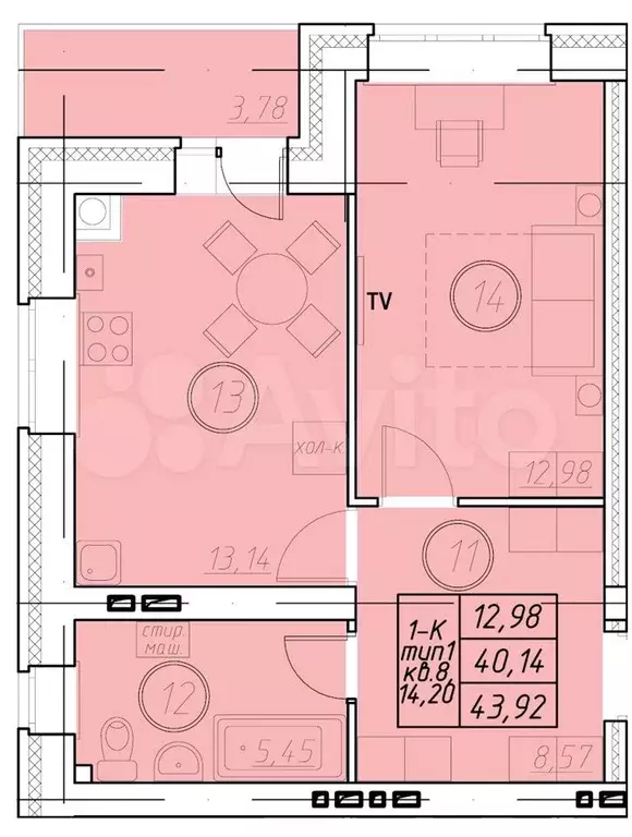 1-к. квартира, 43,9 м, 2/7 эт. - Фото 1