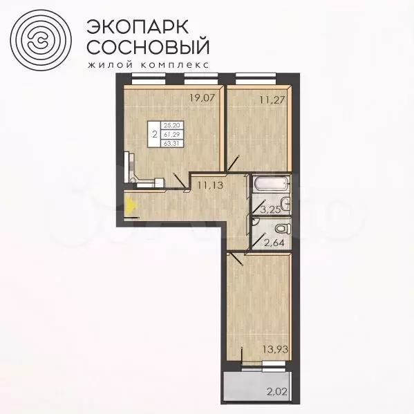 2-к. квартира, 60,9 м, 3/4 эт. - Фото 0