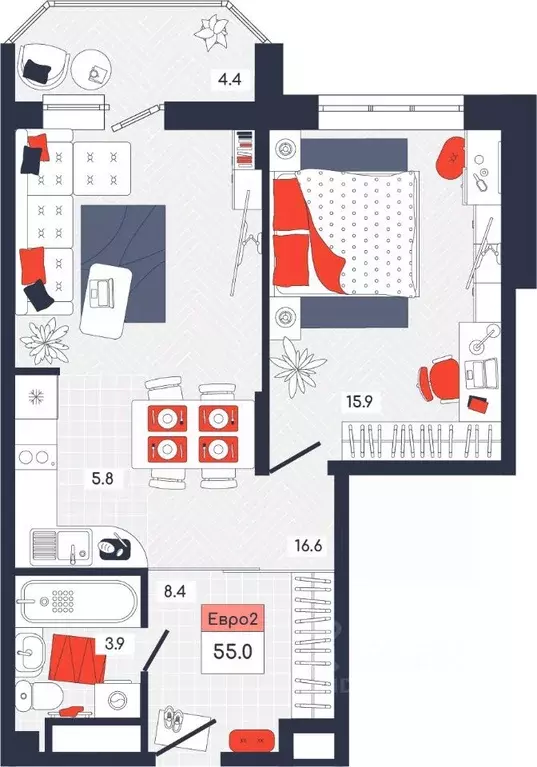 2-к кв. Тульская область, Тула ул. Академика Насоновой, 9 (55.0 м) - Фото 1