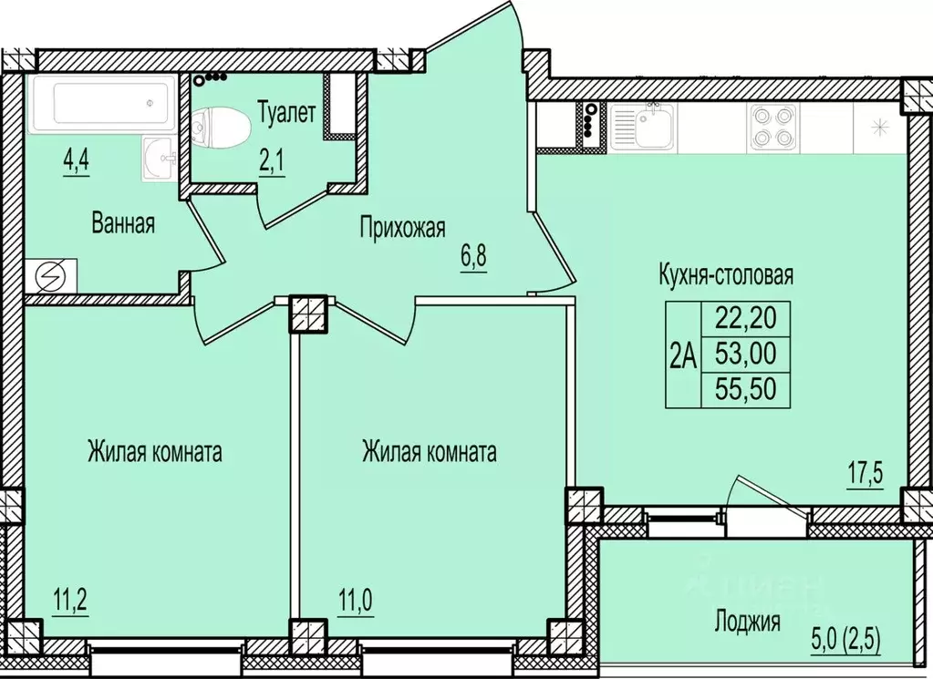 2-к кв. Псковская область, Псков Крестовский жилой комплекс (55.5 м) - Фото 0